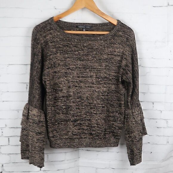 ENDLESS ROSE BLACK & GOLD METALLIC LONG RUFFLE BELL SLEEVE ROUND NECK TOP SIZE S - Picture 1 of 11